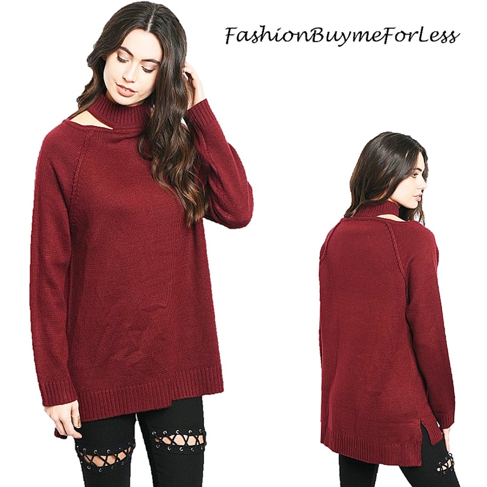 Burgundy Oversized Cut-out Collar Tunic Sweater